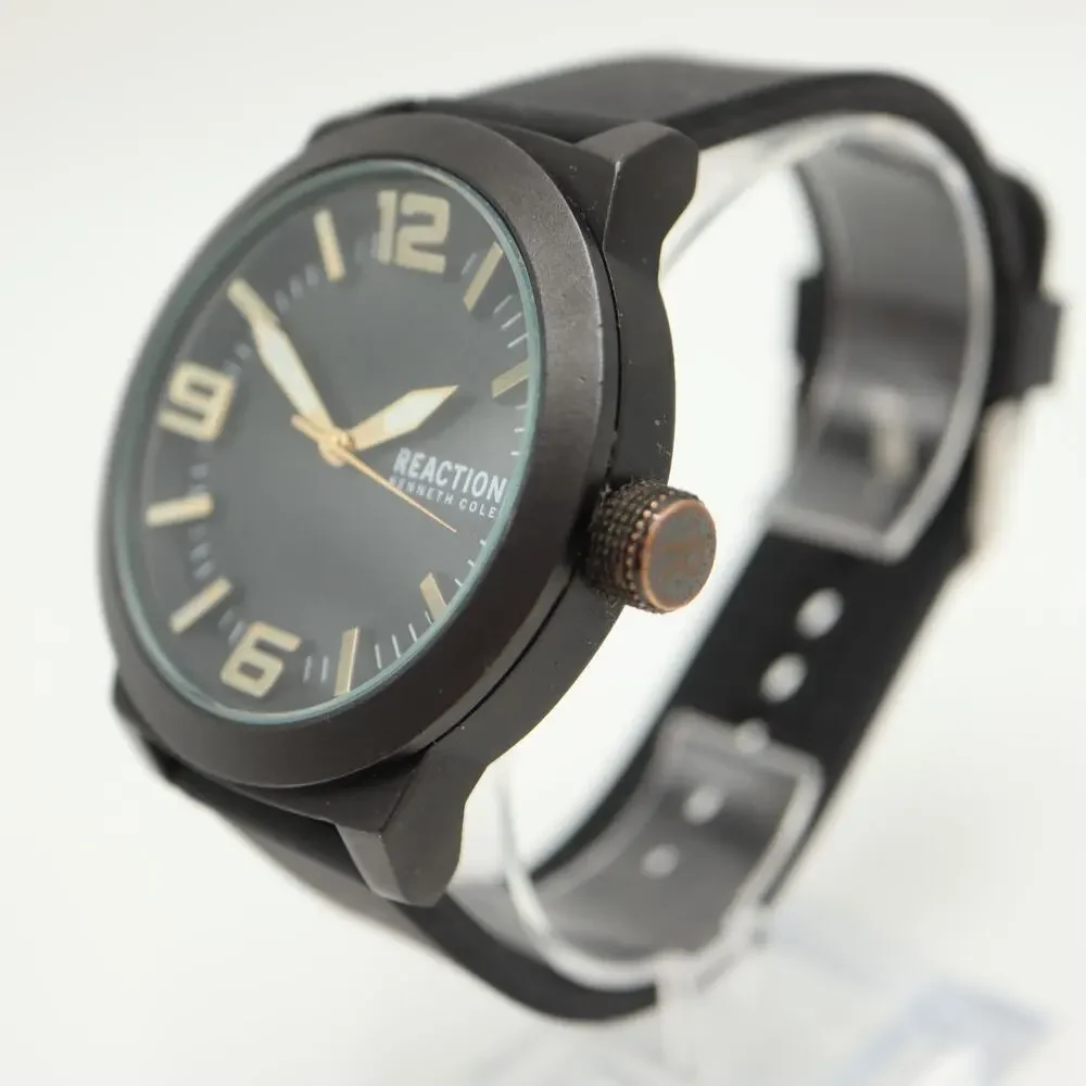 Kenneth Cole Reaction Mens Black Gold Tone Dress Watch 48mm w New Battery